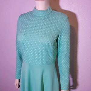 Vintage 70s Mint Green Plisse Dot Maxi Dress